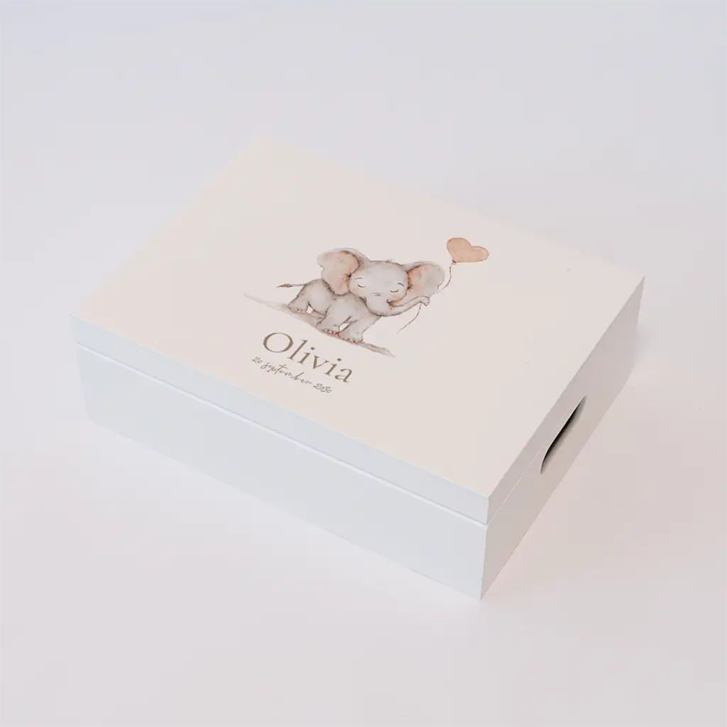 Memorybox met olifantje en roze ballon