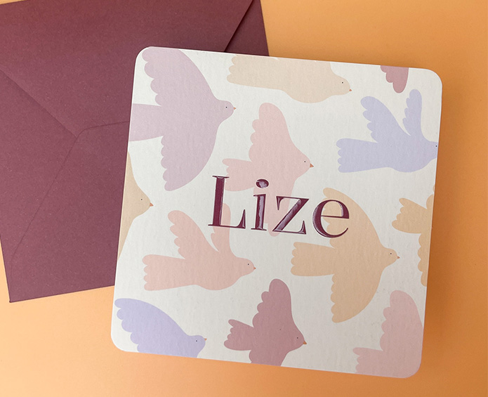 Geboortekaartje vierkant vogelprint lila roze Lize