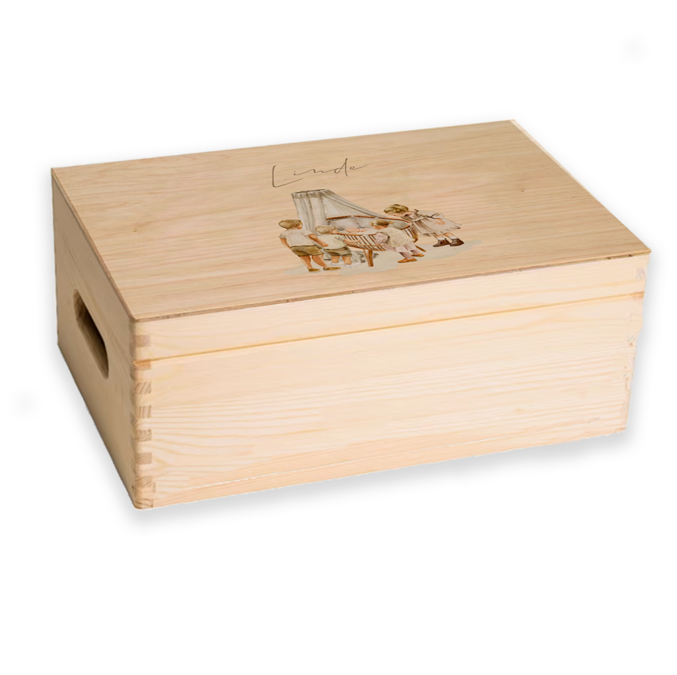 Uniek memorybox vijfde kindje getekend wieg aquarel