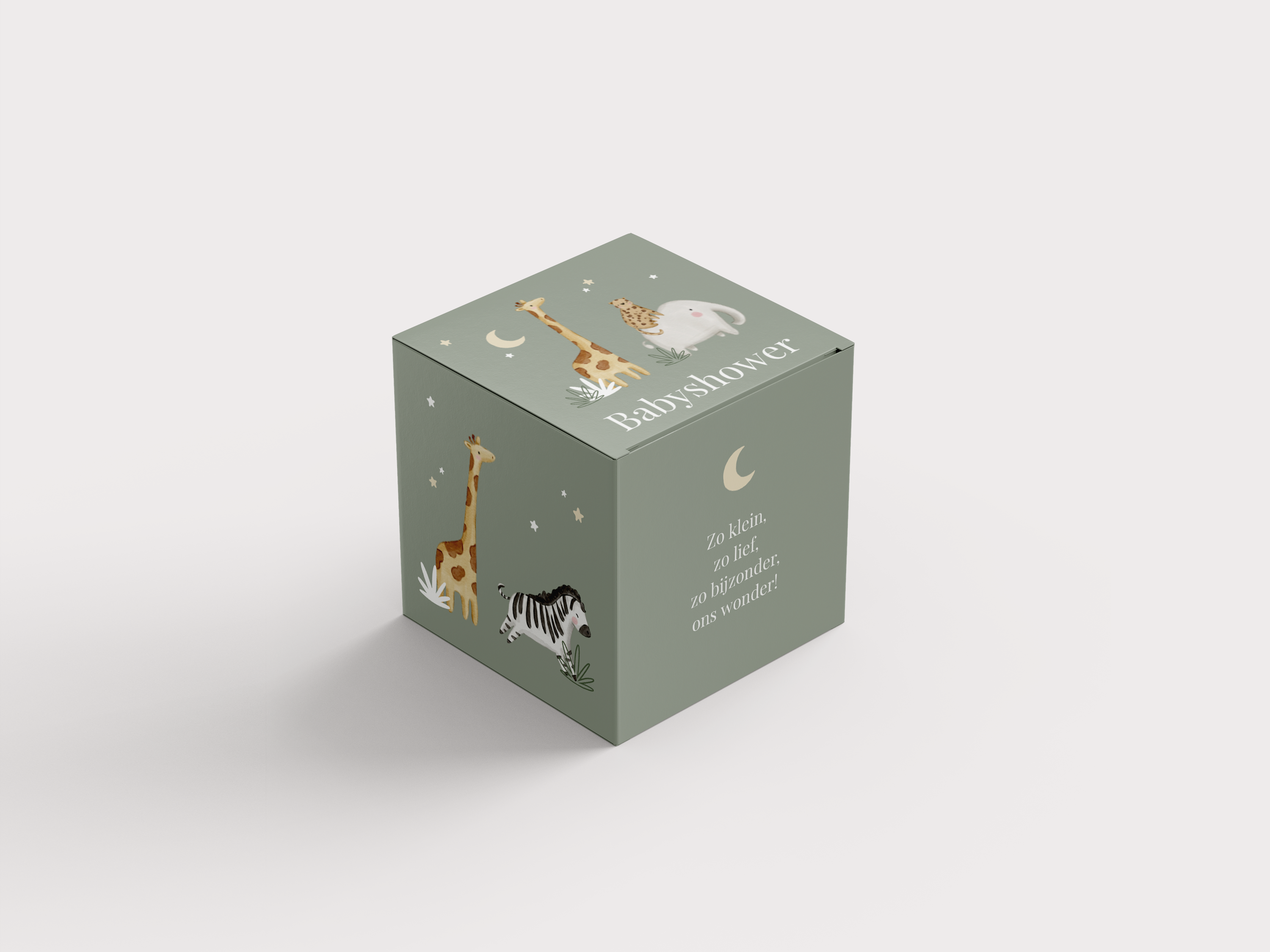 Bedankdoosje babyshower groen met jungeldieren