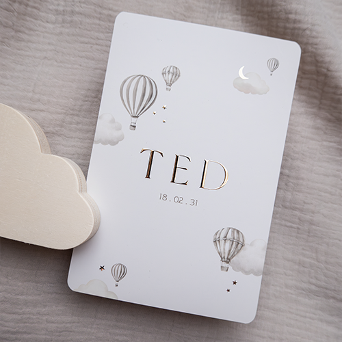 Geboortekaartje met neutrale luchtballonnen en wolkjes