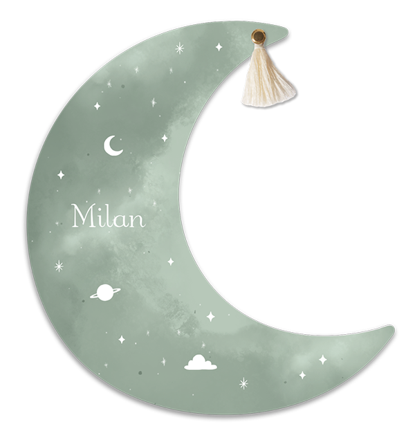 Geboortekaartje sterrenhemel maanvorm met kwastje