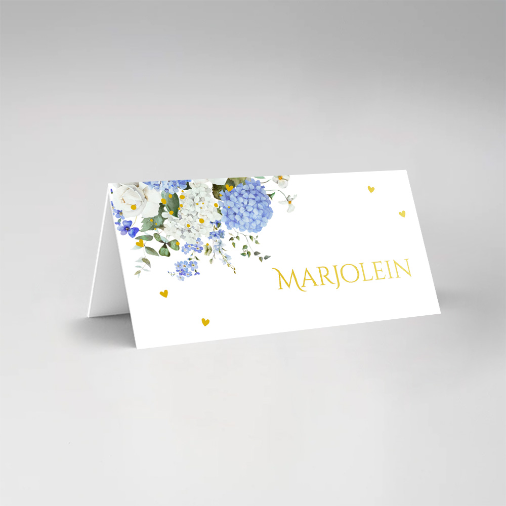 Bruiloft naamkaartjes dubbel gevouwen bloemen hortensia goudfolie