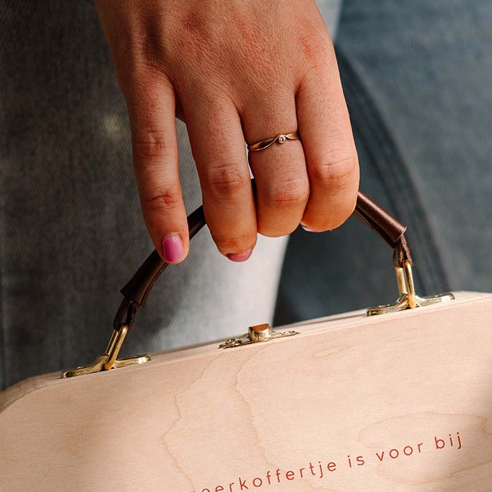 Houten koffertje met naam en ooievaar met baby