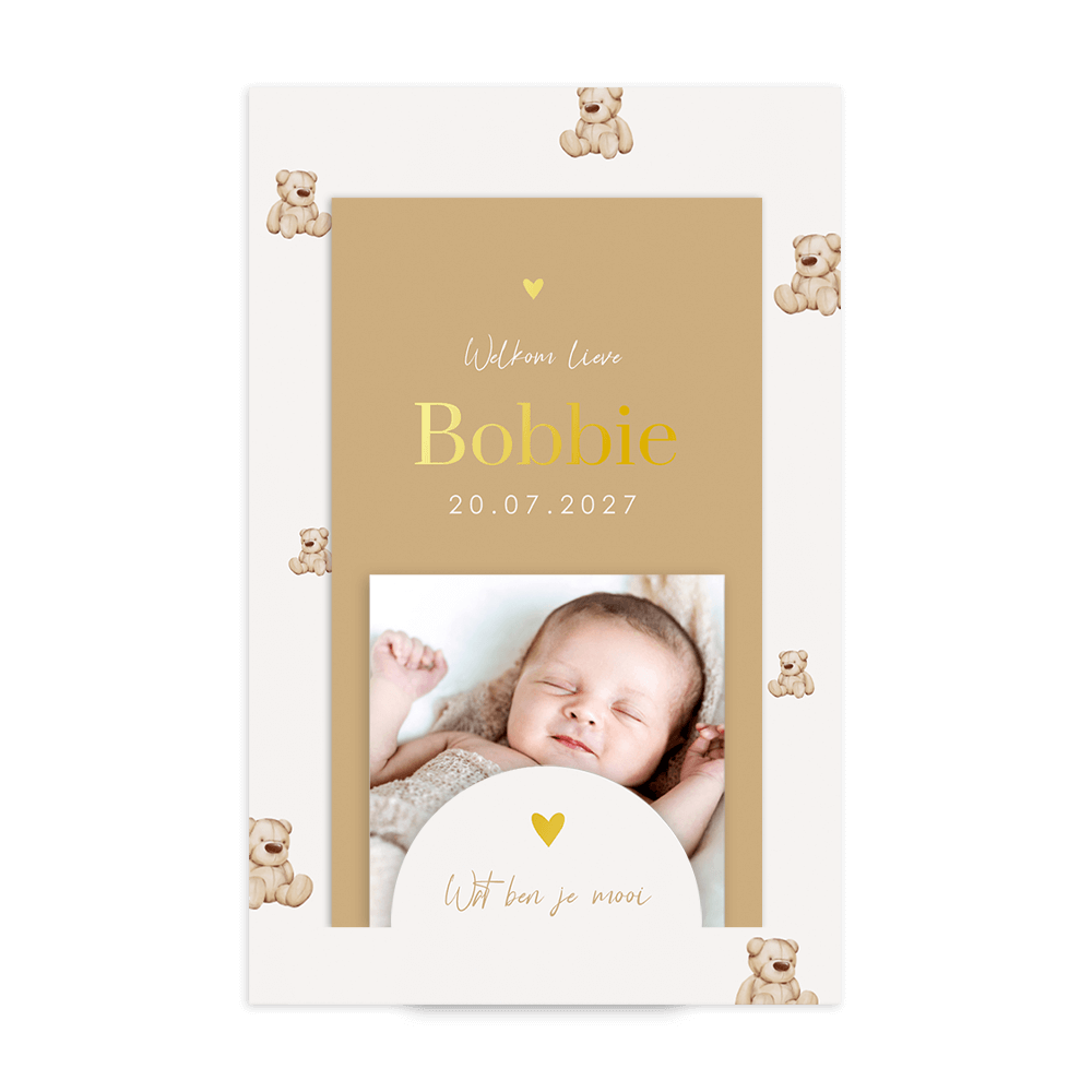 Teddybeer insteek geboortekaartje met eigen foto en foliedruk