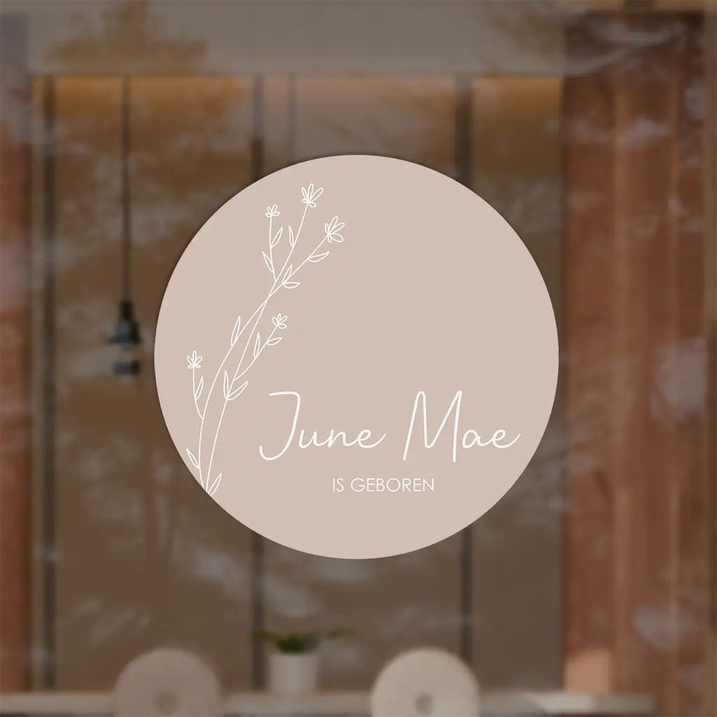 Raamsticker rond met beige achtergrond en witte takjes