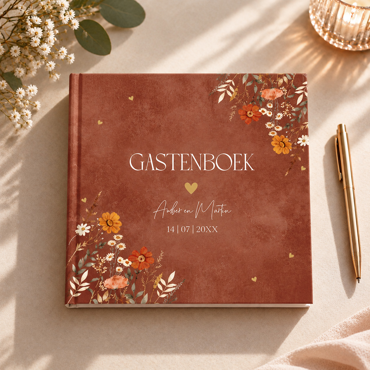 Gastenboek Bruiloft – Herfstbloemen Roestbruin | Romantisch & Stijlvol