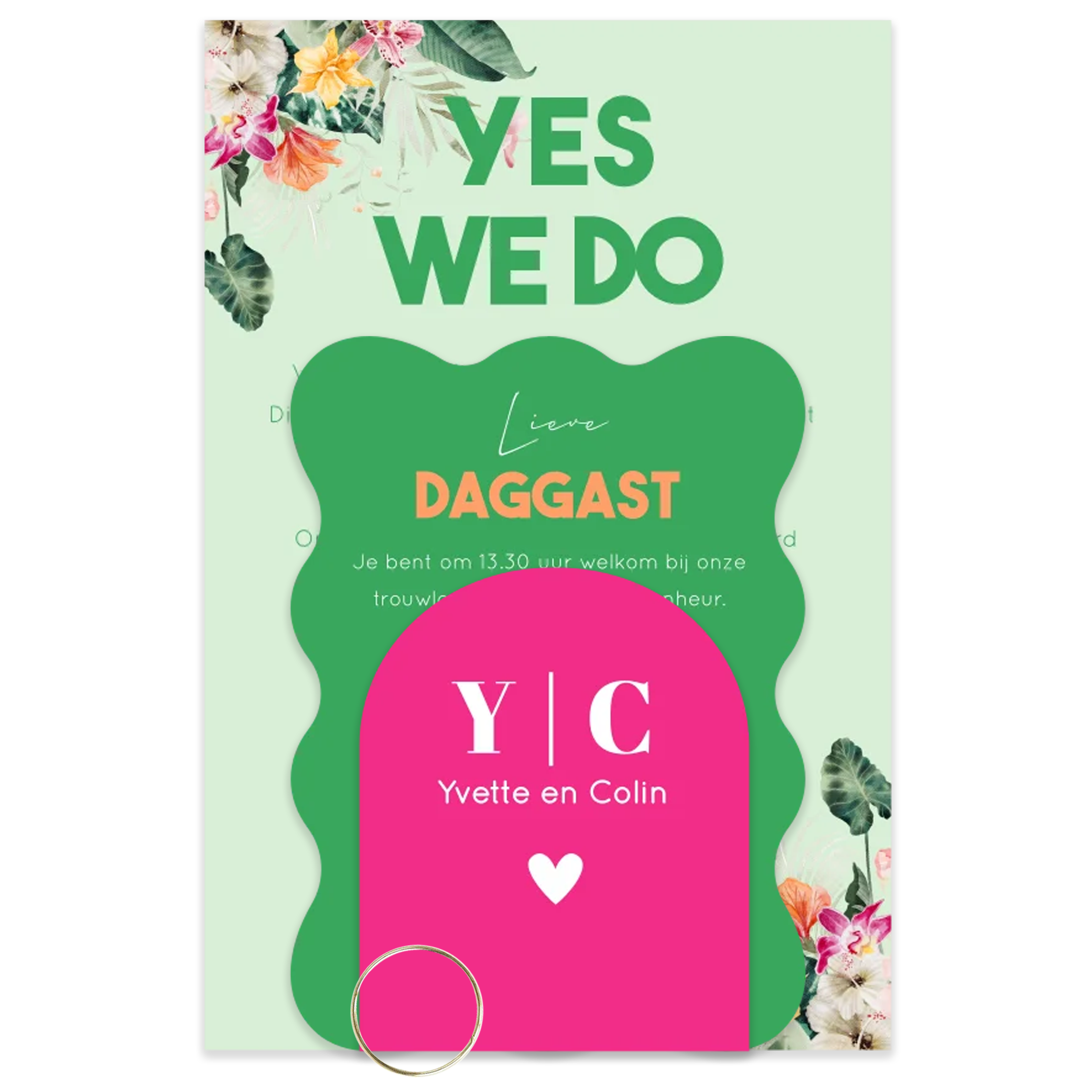 Label trouwkaart tropische bloemen roze groen