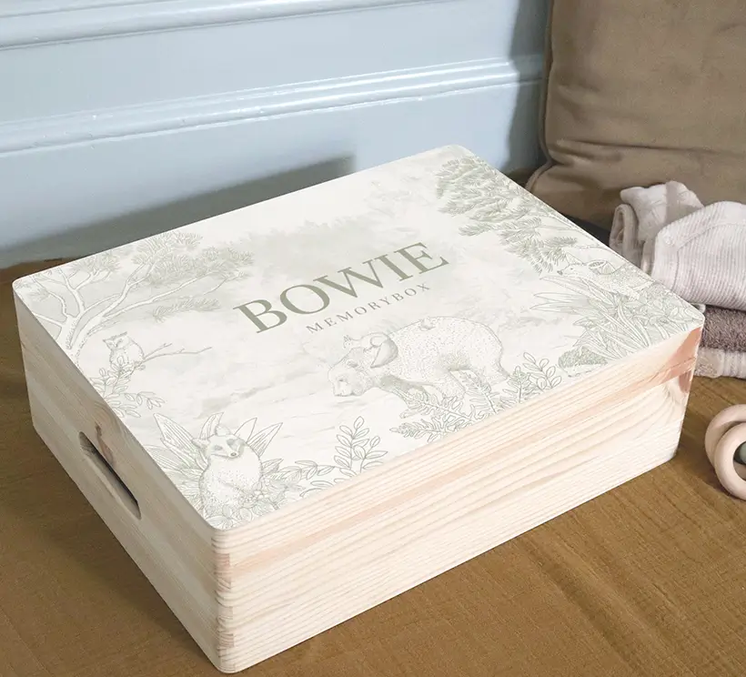 Memorybox baby groen met lijntekeningen van bosdieren
