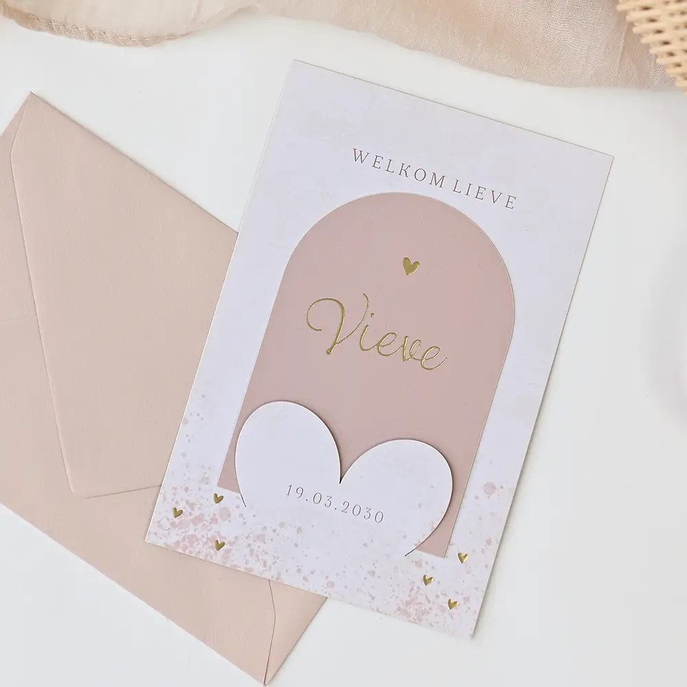 Roze insteek geboortekaartje met matgoudfolie en velvet-look