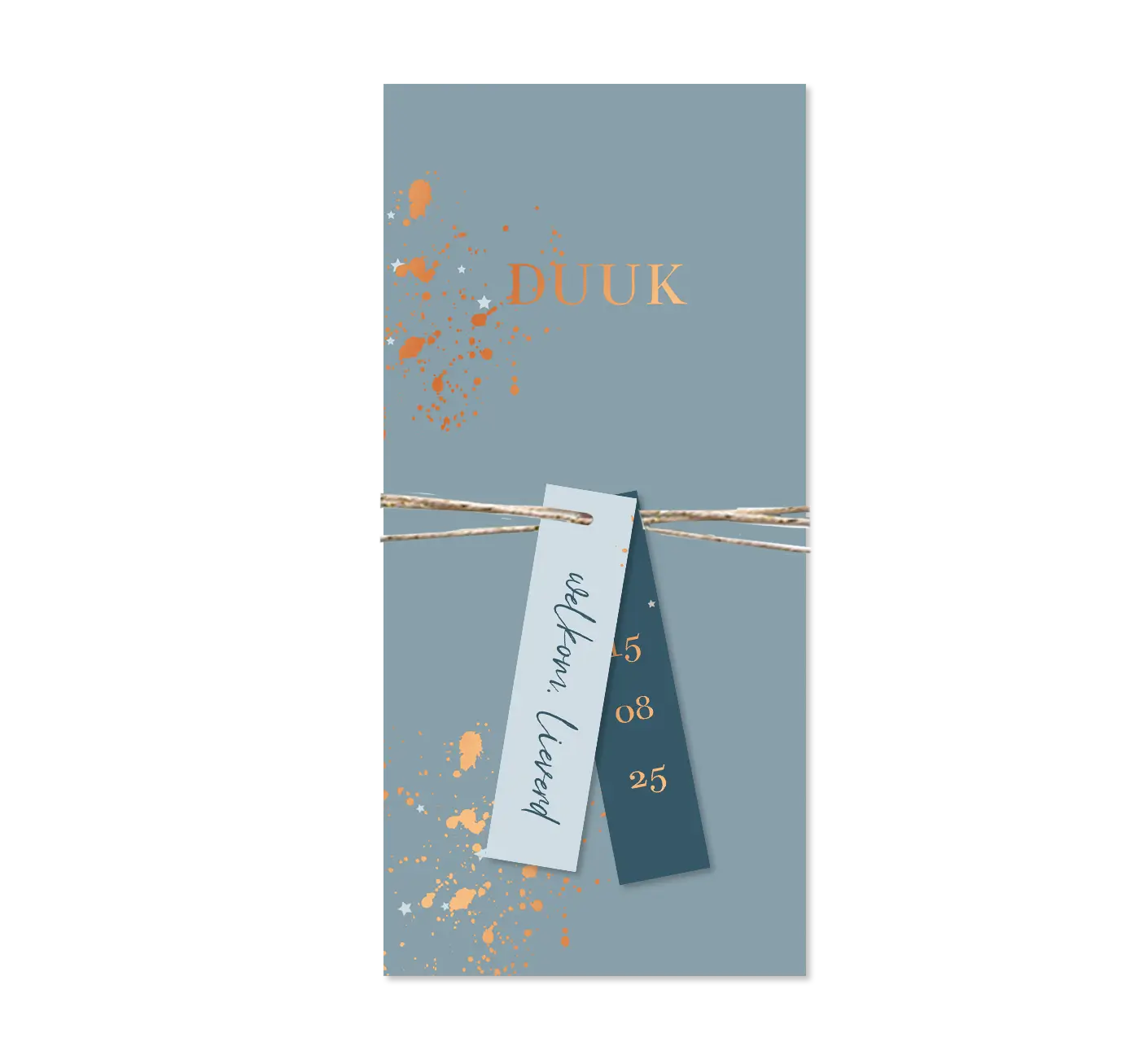 Blauw label geboortekaartje met spetters en hoogglans