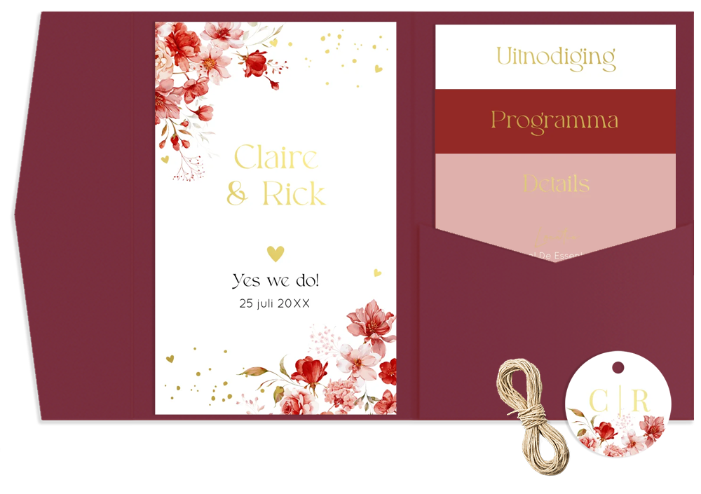 Pocketfold trouwkaart waterverf bloemen rood goudfolie