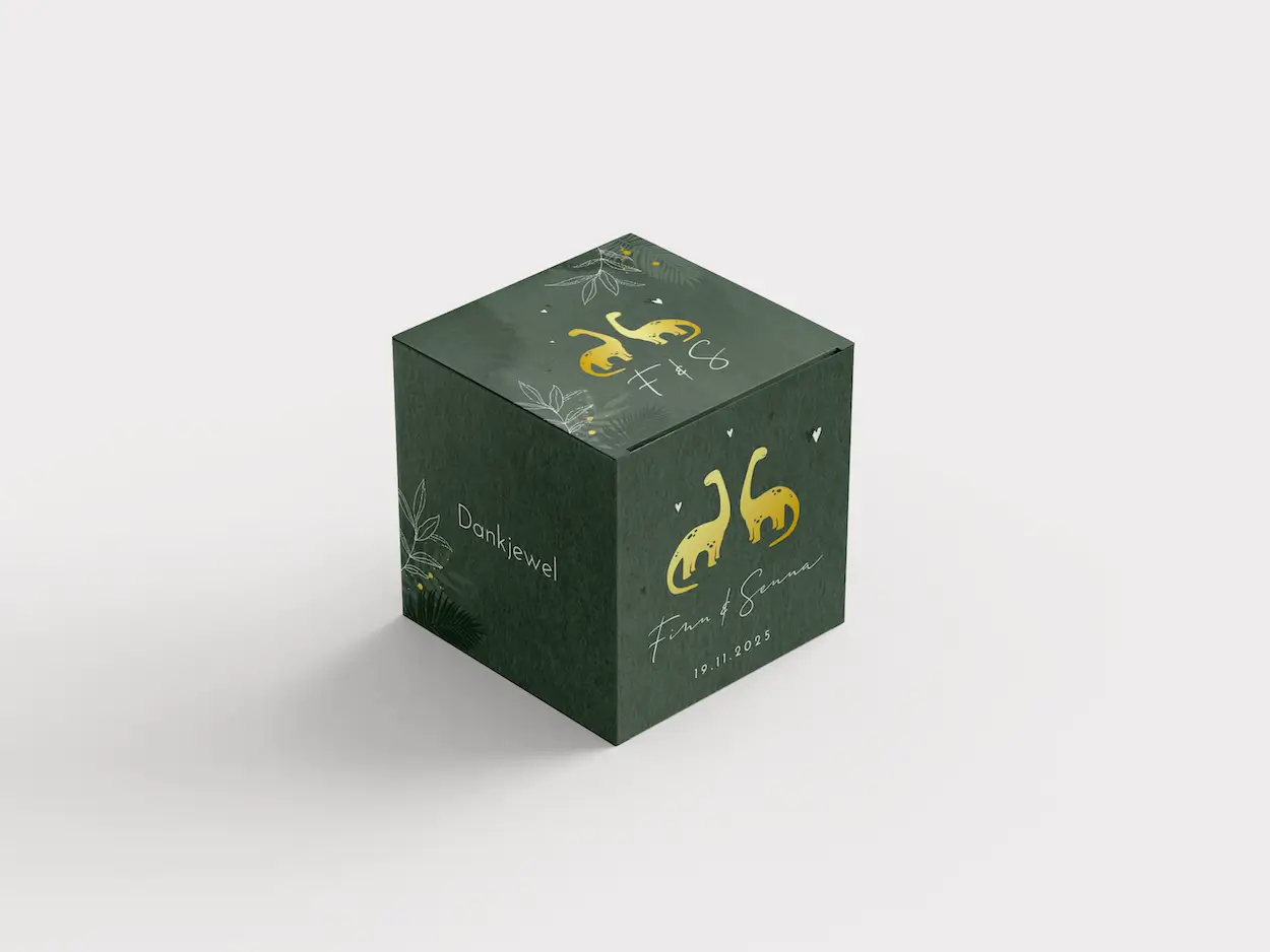 Stoer groen doopsuikerdoosje met goudfolie dinos voor tweeling