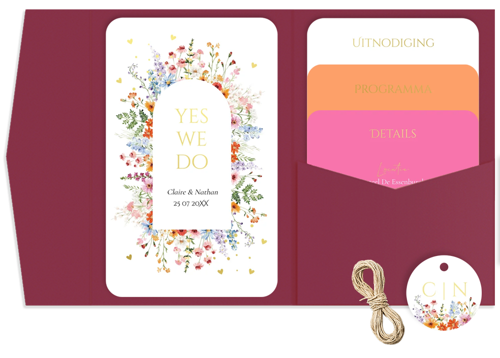 Pocketfold trouwkaart gekleurde bloemen goudfolie