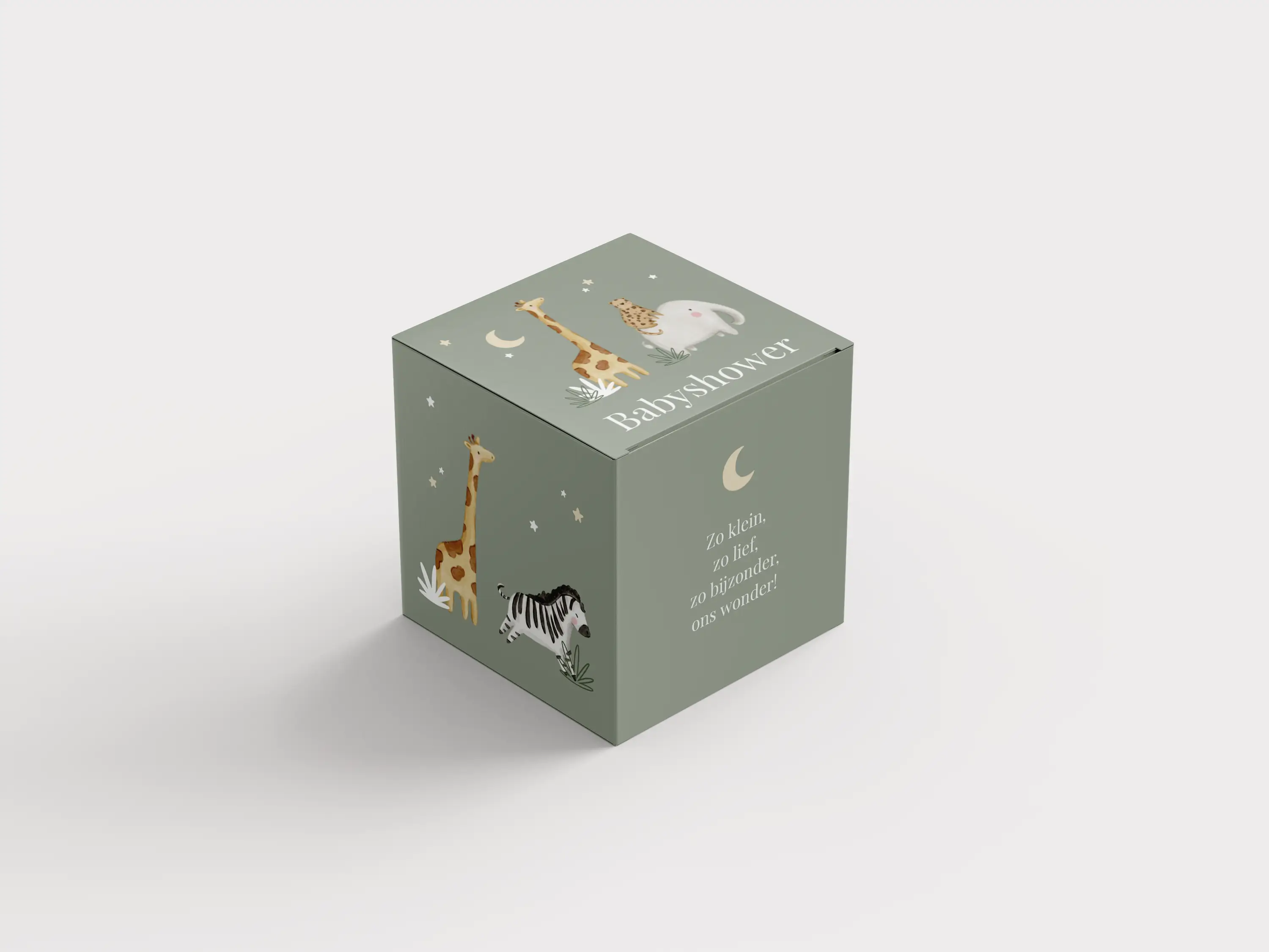Bedankdoosje babyshower groen met jungeldieren