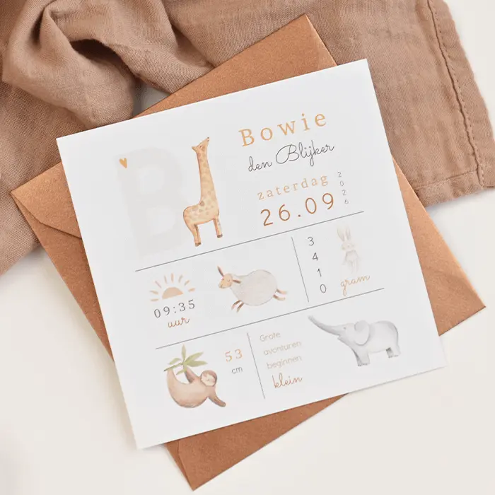 Lief geboortekaartje met illustraties dieren en geboortegegevens