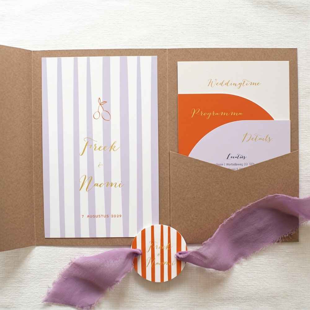 Pocketfold trouwkaarten set kleurrijk citroen oranje paars