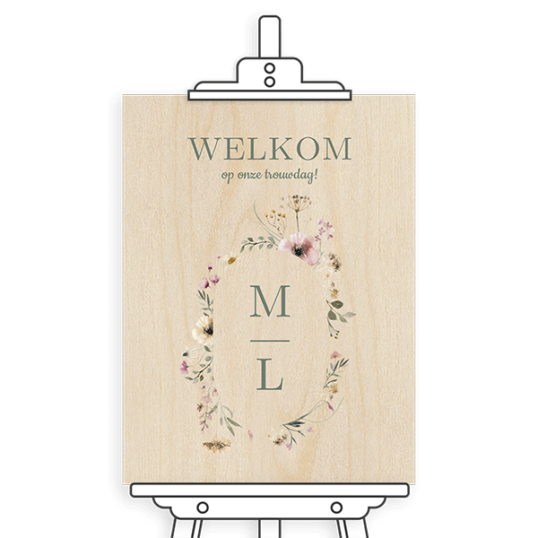 Welkomstbord van hout met bloemen