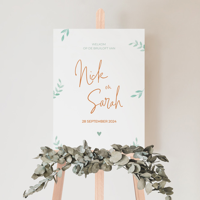 Welkomstbord bruiloft botanisch takjes