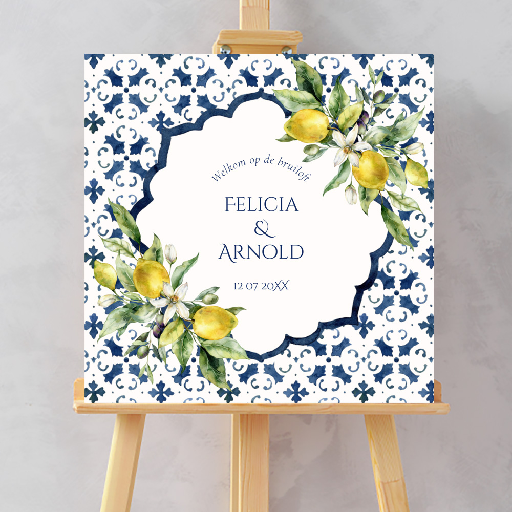 Bruiloftsbord welkom Mediterraans blauw patroon citroenen geel
