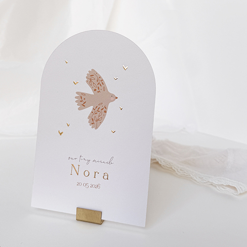 Geboortekaartje meisje met vogel en hartjes in foliedruk