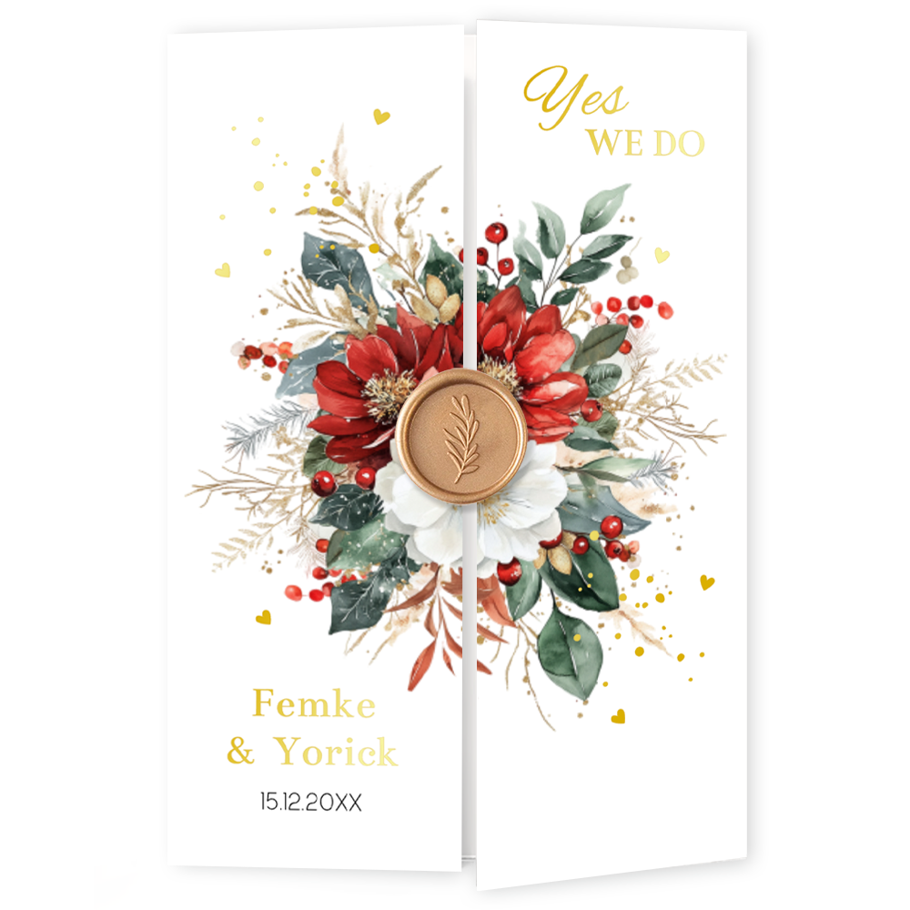 Drieluik trouwkaart kerst krans rood winter wedding