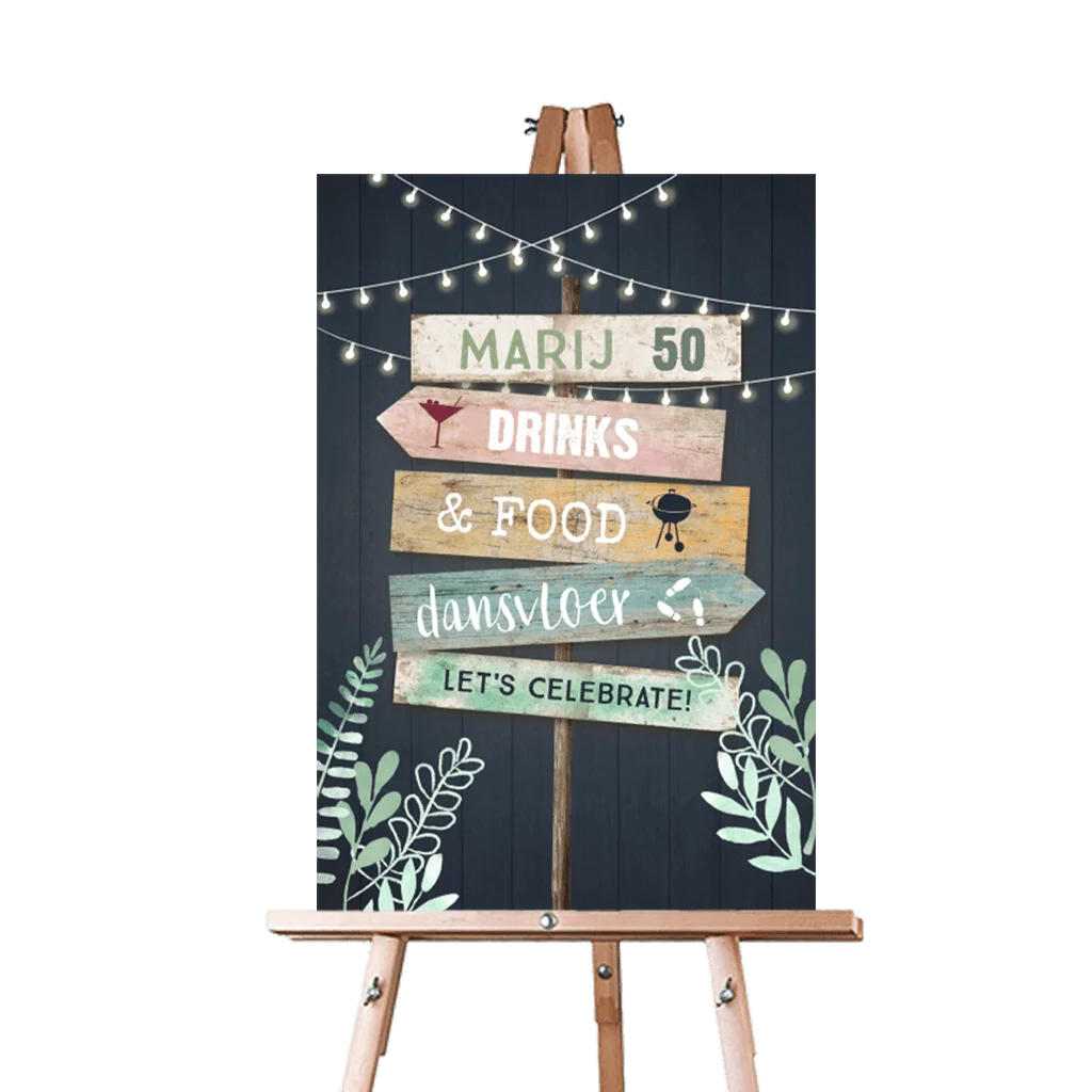 Welkomstbord voor tuinfeest met wegwijzer
