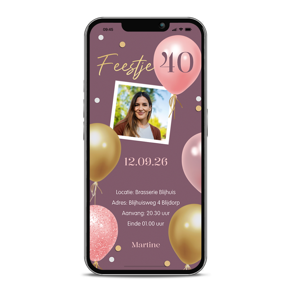 Digitale verjaardag uitnodiging 40 jaar met ballonnen en foto