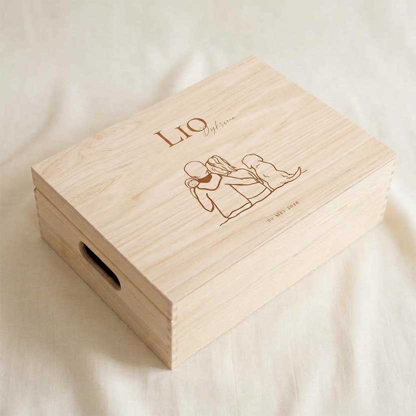 Memorybox geboorte lijntekening gezin hond