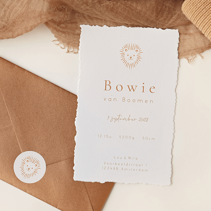 Geboortekaartje handgeschept papier look met leeuwtje (DIY)