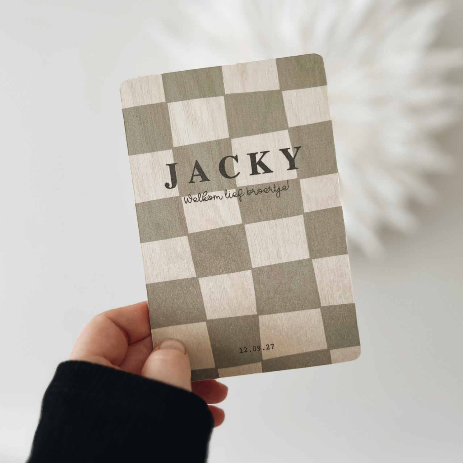 Houten geboortekaartje met blokjes jongen meisje