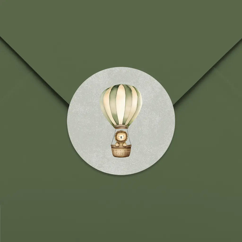 Sluitsticker groen met luchtballon en leeuwtje - per 25 stuks