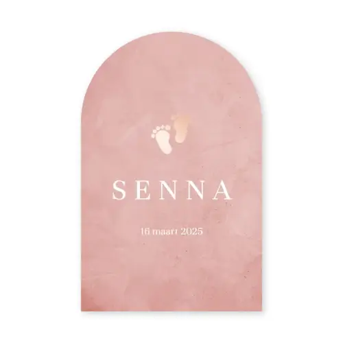 Uniek arch geboortekaartje met roségoudfolie voetjes voor een meisje