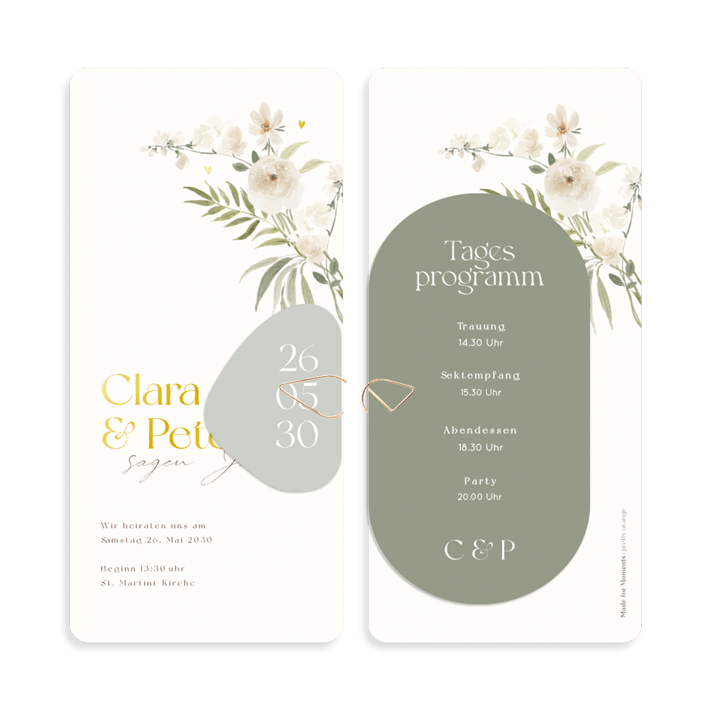 Stilvolles Hochzeits-Kartenset in Grün mit romantischen Blumen und Goldfolie
