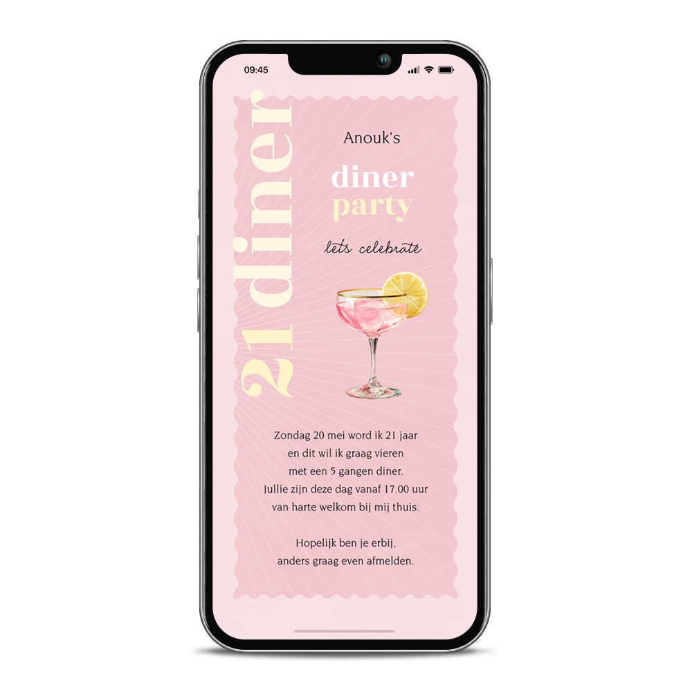 Digitale uitnodiging verjaardag 21 diner met cocktailglas