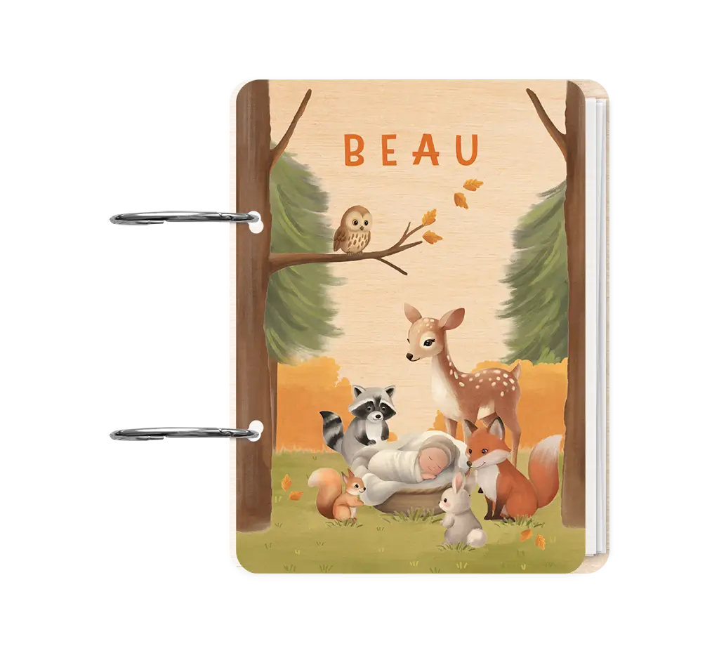 Houten bewaarbundel met baby in mand, bosdieren en herfstlucht