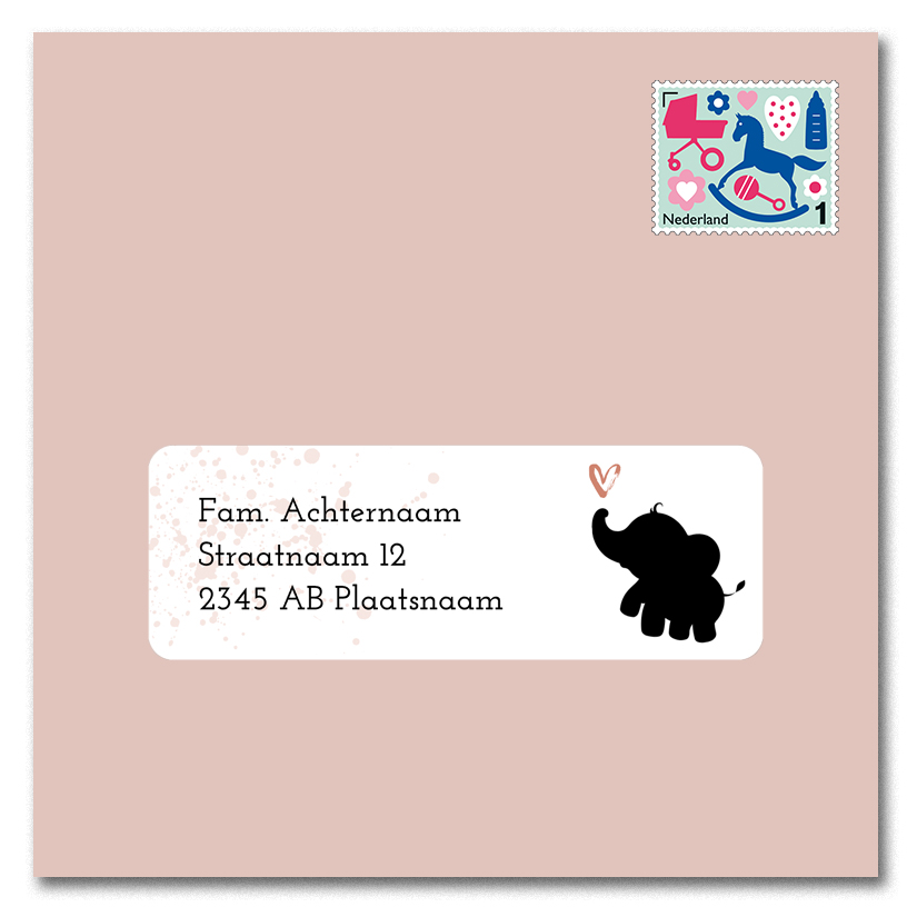Adresstickers met zwart olifantje en roze hartje