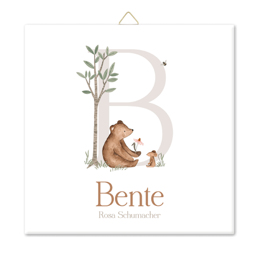 Süße Fotofliese mit Bär und Maus und einer großen Initiale