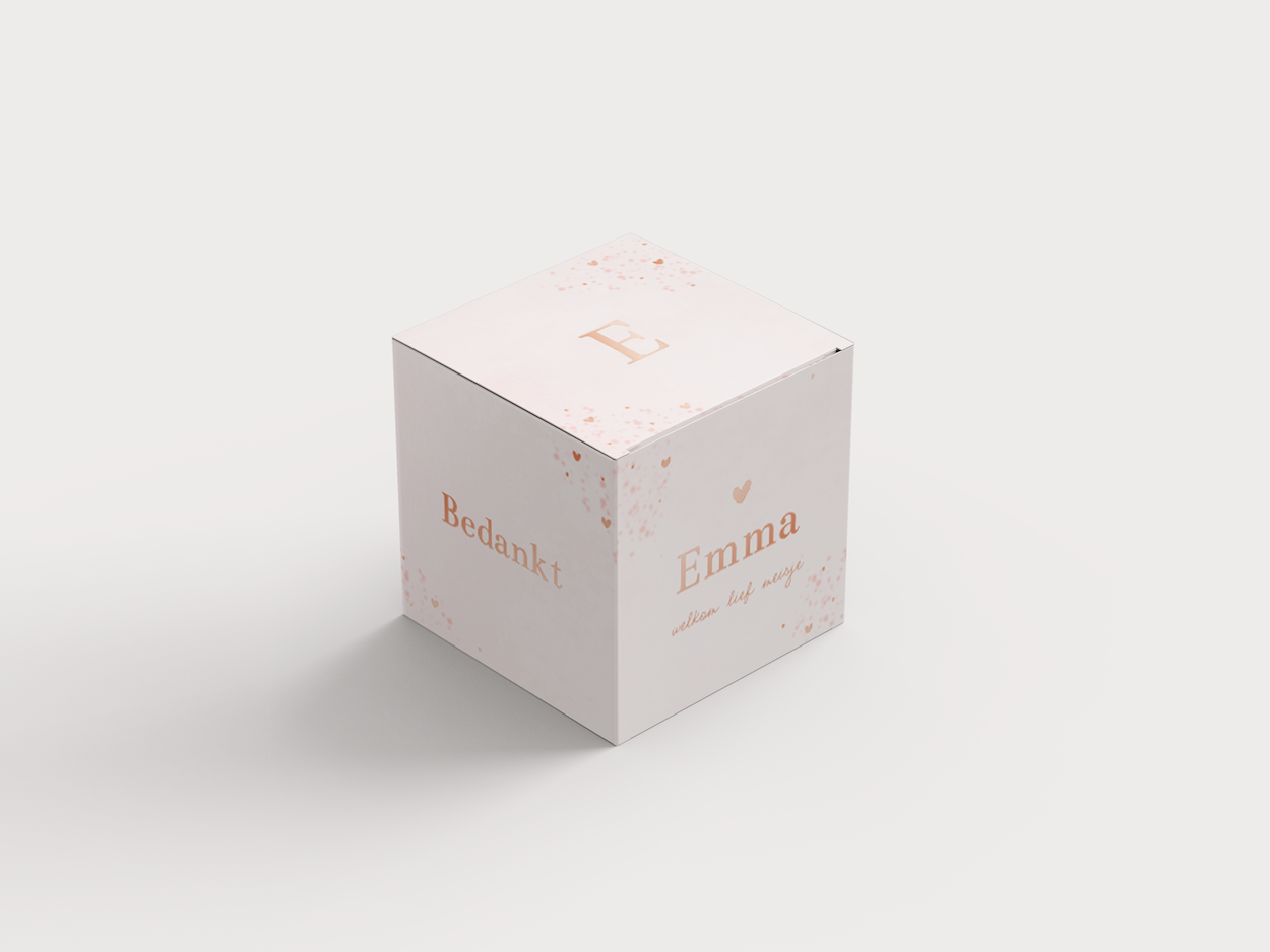 Lief doopsuikerdoosje met roze watercolor en roségoudfolie