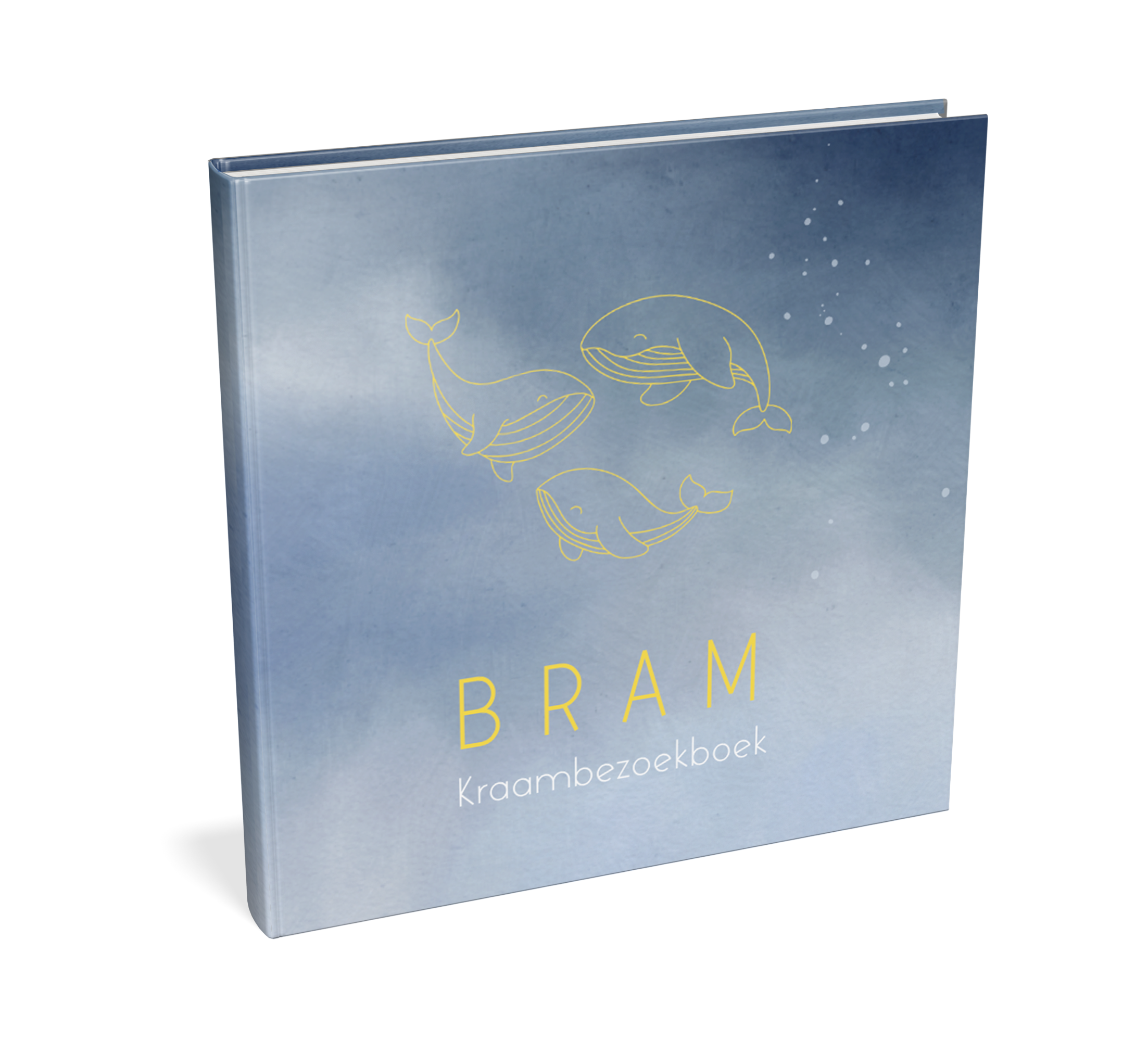 Blauw kraambezoekboek met lijntekeningen van walvissen