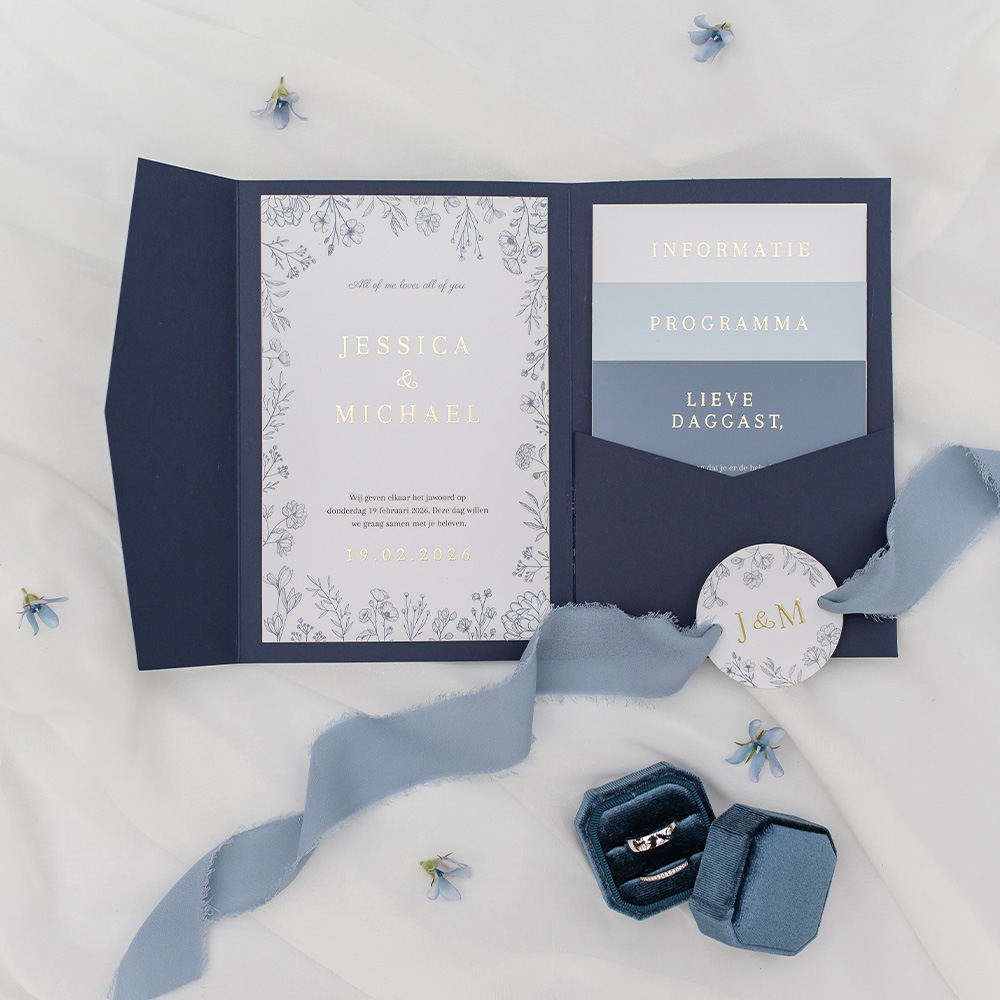 pocketfold trouwkaart klassiek bloemen blauw