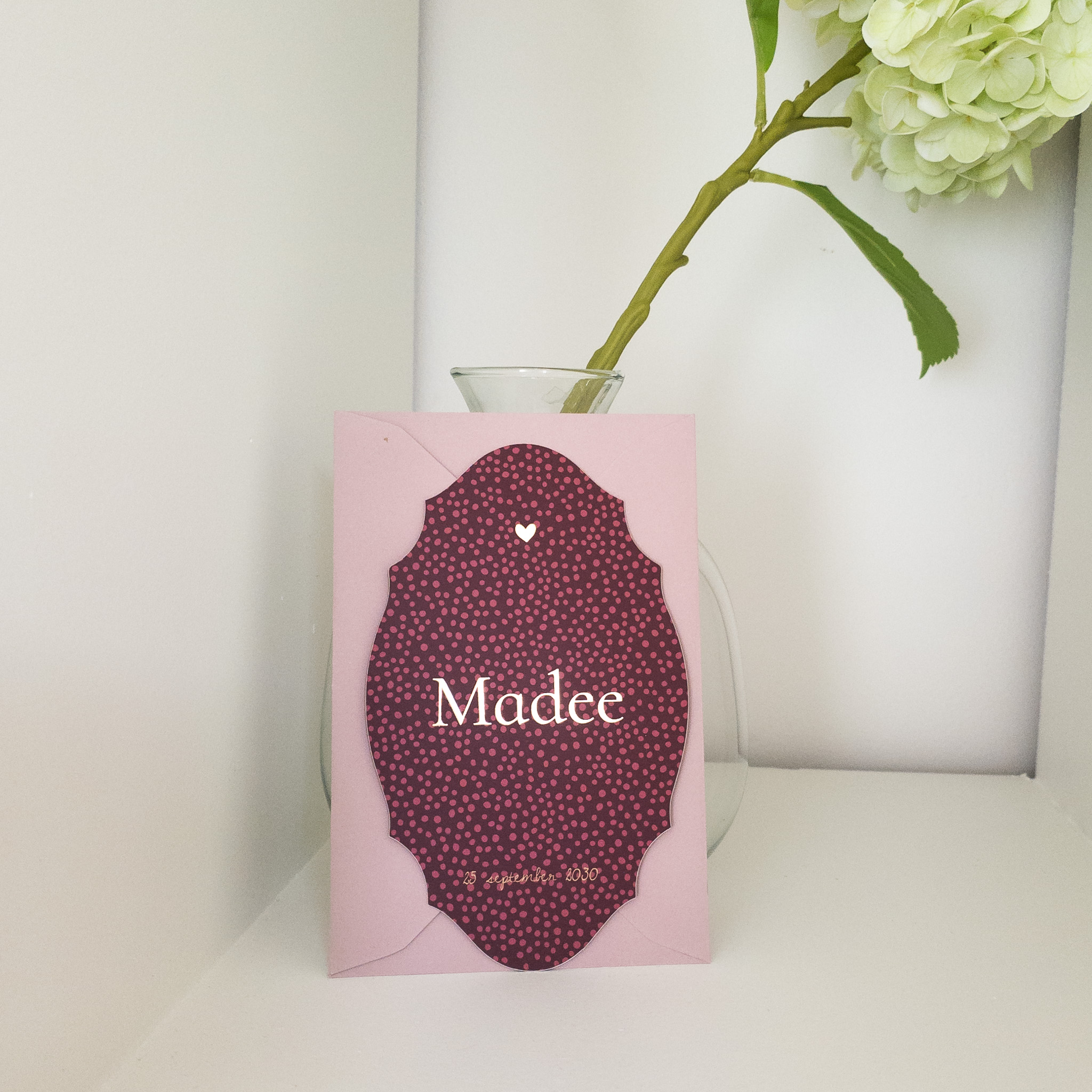 geboortekaartje meisje roze rood goud stippen