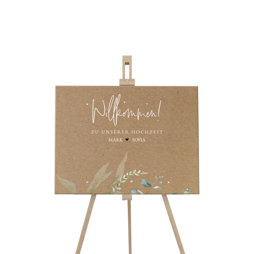 Willkommensschild mit Zweigen im Kraftlook