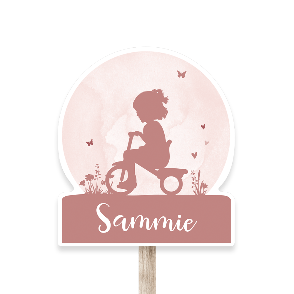 Geboortebord tuin voor meisje met silhouetje en fietsje