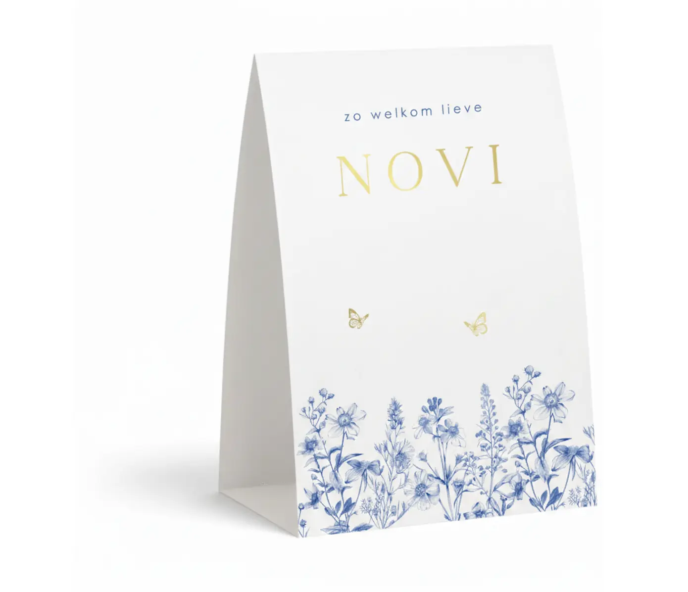 Geboortekaartje tentvorm met blauwe bloemen en goudfolie