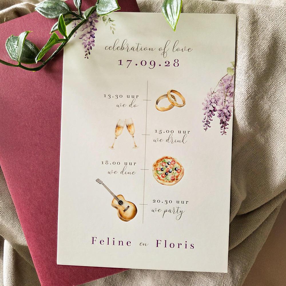 Mediterrane Toscaanse stijl trouwkaart met tijdlijn en blauwe regen