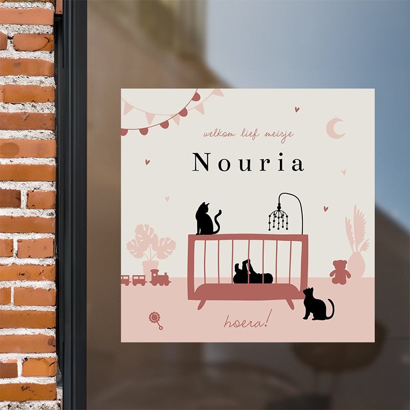 Raamsticker baby meisje in wieg met katten