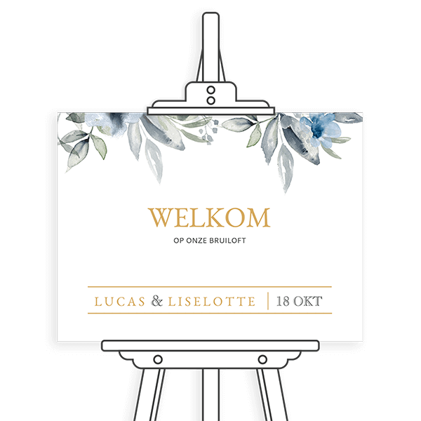 Welkomstbord met blauwe bloemen