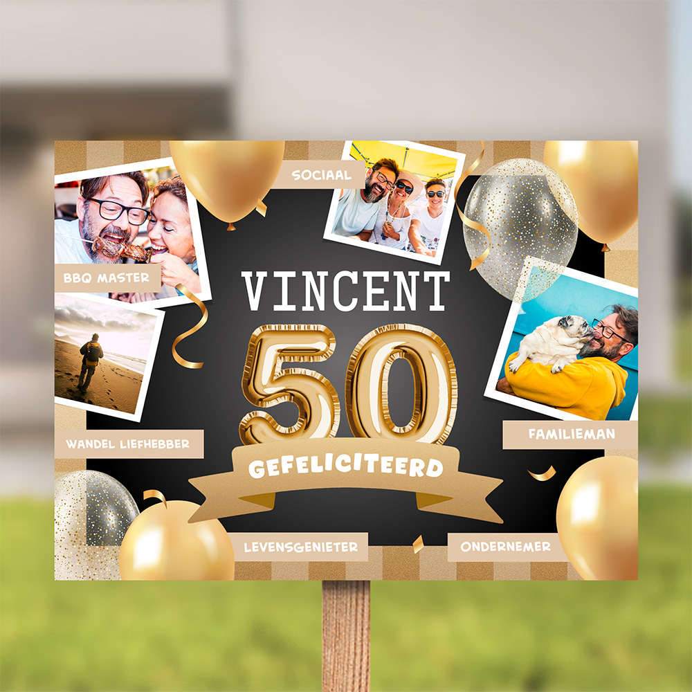 Tuinbord Abraham met cijferballon 50 jaar en foto's