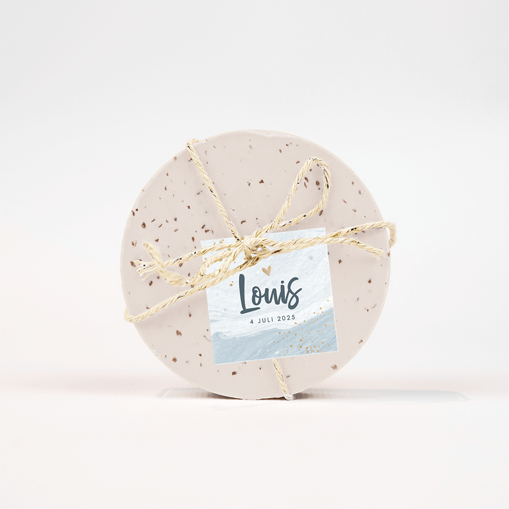 Labeltje met blauwe watercolour en gouden verfspetters - 16 stuks